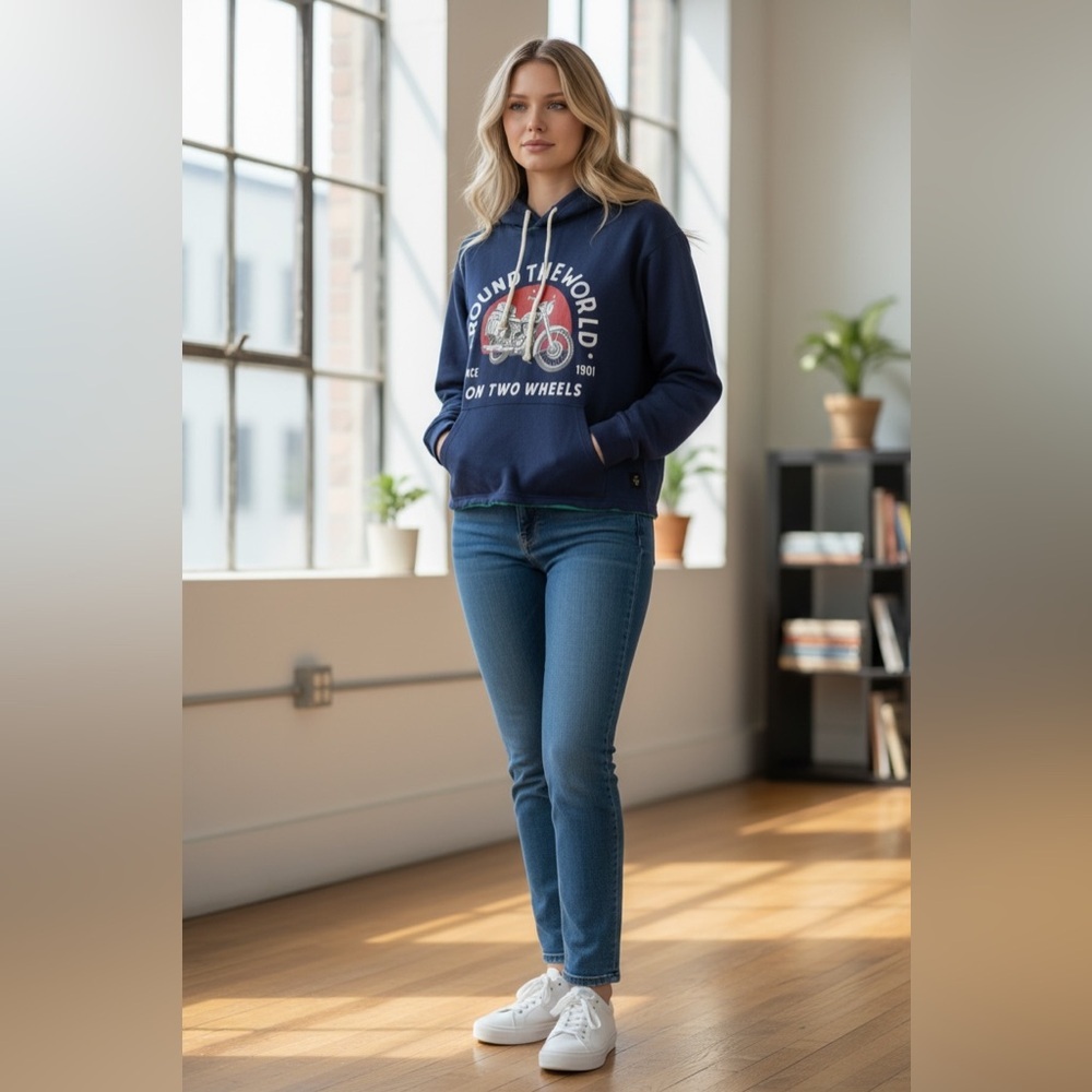 Royal Enfield Cropped Moto Hoodie – Women’s NWT – Around the World Graphic